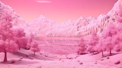 Fotobehang 3d render of abstract mountain landscape with pink and white color. © Yuki Liu