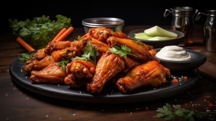Close-Up of Buffalo wings with melted hot sauce on a wooden table with a blurred background