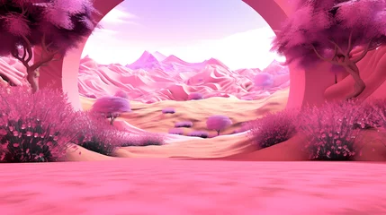 Fotobehang 3d render of abstract mountain landscape with pink and white color. © Yuki Liu