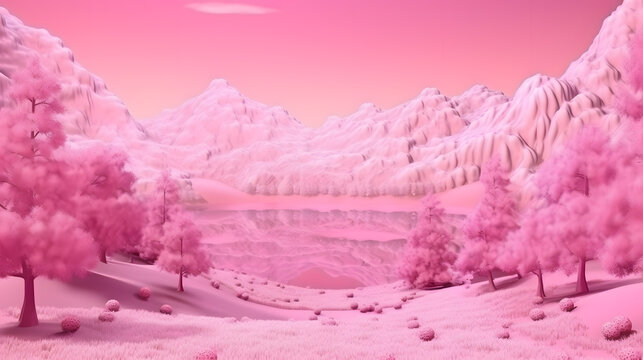 3d render of abstract mountain landscape with pink and white color.