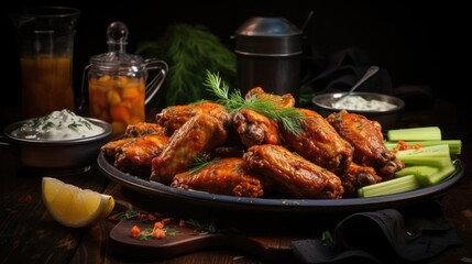 Close-Up of Buffalo wings with melted hot sauce on a wooden table with a blurred background
