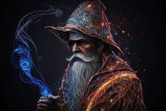 Fantastic blue beautiful intricate wizard creative vector illustration design character. Magic and wizardry. Ai generated