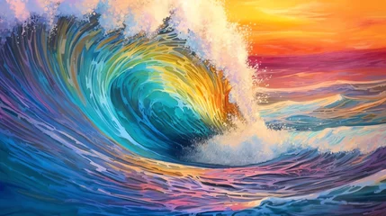 Fotobehang a colorful wave with a sunset behind it © Zacon Studio 