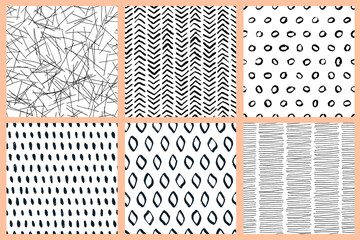 Abstract watercolor vector seamless pattern. Herringbone, circles, leaves fashion textile print in black white colors