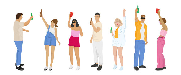 Party people set. Group celebration. Happy young person. Fun dance. Cartoon character. Active entertainment. Youth friendship. Dance performance. Isolated on white background. Vector illustration