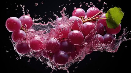 Fototapeta na wymiar Close-Up of flying fresh grapes exposed to splashing water on black background and blur