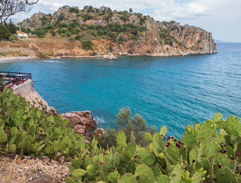 View of the beach and the sea in the resort town of Tolo in the Peloponnese in Greece
