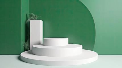 Minimalism White podium for product placement in Green direct light backdrop