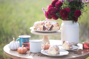 autumn mood. tea in the garden