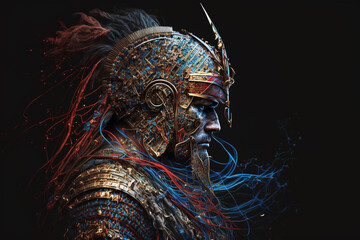 Abstract powerful warrior viking king portrait. Impressive man soldier portrait with blue color and intricate details. Ai generated