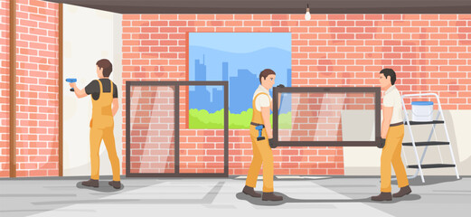 House renovation, window installing, construction repair service, installation, worker, plastic glass, home interior, apartment, handyman, workers. Vector illustration.