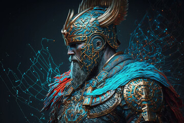Abstract powerful warrior viking king portrait. Impressive man soldier portrait with blue color and intricate details. Ai generated - 632930111