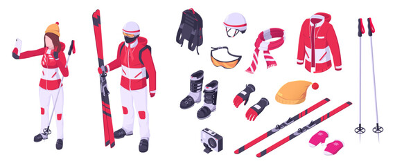 Skier equipment. Active, extreme winter sport. Cartoon gear concept. Vacation with snowboard. Speed lifestyle. Skater accessories. Isolated on white background. Vector illustration