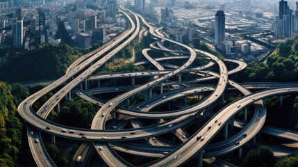 Aerial drone top view photo of highway multilevel junction interchange road in urban populated area. Created with Generative AI technology.