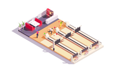 Bowling center, people throwing ball, game equipment, recreation, score, strike, sport, club activity, competition, play, hobby, interior. Isometric vector illustration.