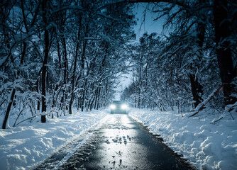 standing in front of a car with bright headlights at night. Symmetric shot in cold tones of front of a car on narrow snow covered road thorough a deciduous forest.