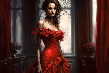 Elegant beautiful girl in red dress. Yound attractive woman fashion. Ai generated