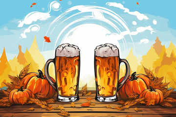 Oktoberfest horizontal banner, festive design. Oktober fest illustration - autumn template with beer mugs, with pumpkins and fall leaves. Autumn atmosphere, beer festival.