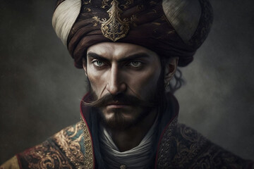 Ottoman man with turban on his head. Turkish general or old pascha army man with fierce look. Sultan concept. Ai generated - obrazy, fototapety, plakaty