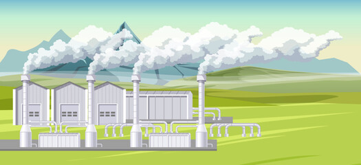 Geothermal ecological electricity, energy generator, power plant, renewable, thermal water resource, environmental, alternative. Field, mountain. Vector illustration.