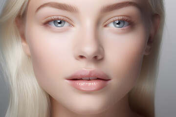 Obraz premium Front view close up portrait blonde woman with light gray eyes, beauty industry female model with light makeup, healthy facial skin.