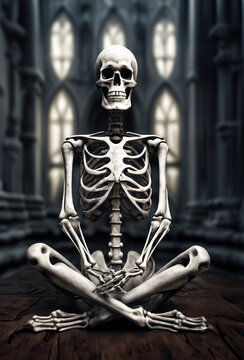 immagine primo piano di scheletro antropomorfo in posizione di meditazione yoga, sfondo con ambientazione gotica scuro e sfuocato