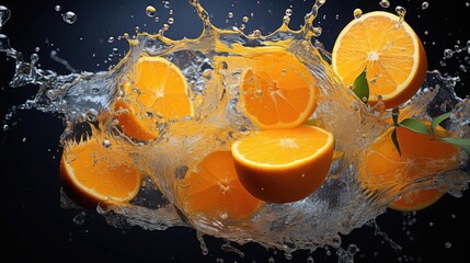 Close-Up of flying fresh orange splashed with water on black background and blur