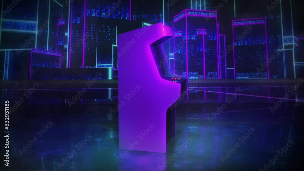 Wall mural Retro arcade gaming, 3D rendering city streets lifestyle, template concept. Arcade machine cabinet rotating video loop, in a purple, neon retro, urban environment, with flashing lights, dust and smoke