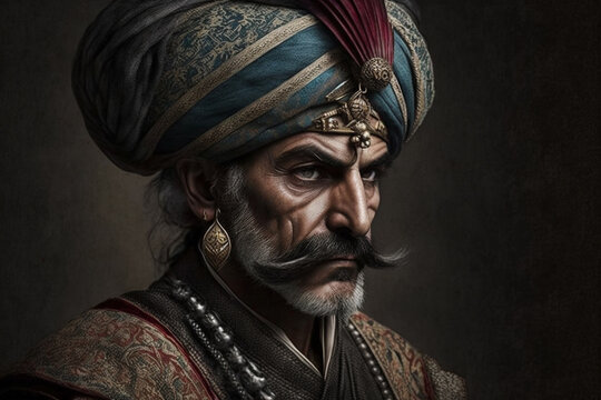 Ottoman man with turban on his head. Turkish general or old pascha army man with fierce look. Sultan concept. Ai generated