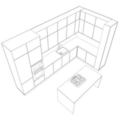 Interior contour of kitchen room. Outline blueprint design of kitchen with modern furniture. Stylish interior of kitchen full of modern furniture, household appliances, cooking facilities.