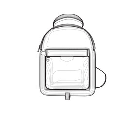 Outline of School backpack. Black and white rucksack. Front view travel bag. Vector illustration. Education and Work - School and Office Supply - Black Backpack with Strap Isolated on White Background