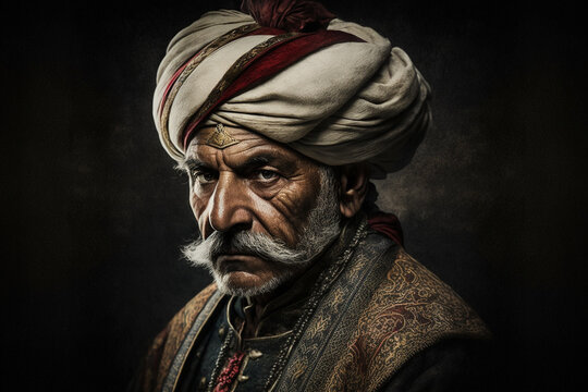 Ottoman man with turban on his head. Turkish general or old pascha army man with fierce look. Sultan concept. Ai generated