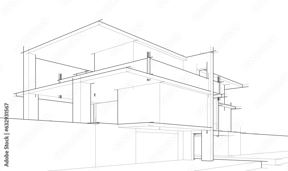 Wall mural house building sketch architecture 3d illustration