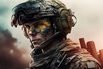 Fototapeta premium Futuristic soldier in a military costume gear. War soldier concept. Ai generated