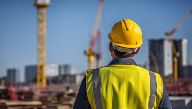 Engineering, construction site, and team outdoors for building projects, planning, and architecture. Development and safety assessment discussion in city