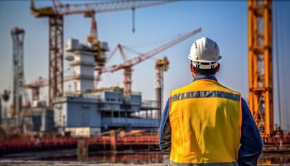 Fototapeta premium Engineering, construction site, and team outdoors for building projects, planning, and architecture. Development and safety assessment discussion in city