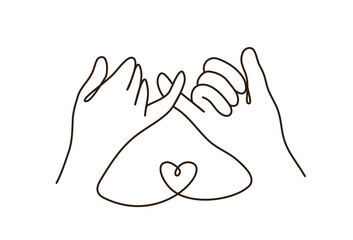 Modern line art of pinky promise with a heart. Love trust friendship valentine minimal.