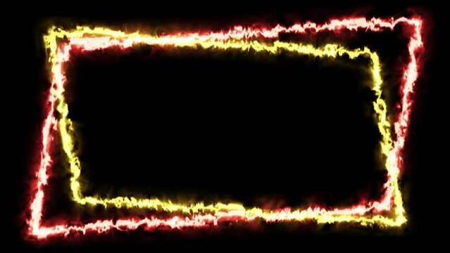 A frame consisting of two overlaid large parallelograms (rectangles) with vivid flames of fire (red and yellow), depicting fast movement against a dark background.