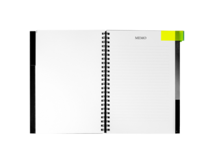 Opened spiral notebook with yellow page marker note isolated on white. Blank pages for copy space. Reminder concept.