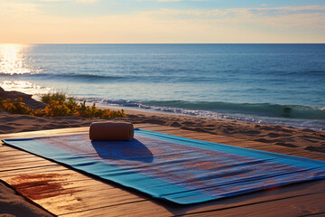 tranquil scene of a yoga mat laid out on the beach, with a practitioner engaged in a peaceful yoga session Generative AI
