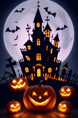 Haunted mansion horror scene with carved Jack-o&#39;-lantern Halloween pumpkins.