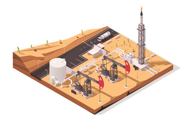 Oil plant. Fuel well. Energy industry. Business factory structure. Gasoline pump. Machine production. Oilfield in desert. Storage tank. Petrol transportation. Isometric vector illustration - obrazy, fototapety, plakaty