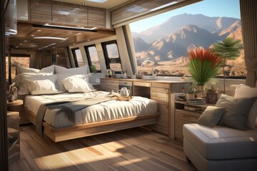 Luxury interior motor house with comfortable furniture. Generative AI