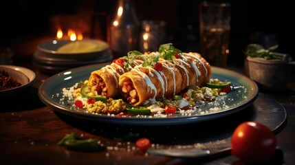 Fototapeta na wymiar Close-Up of enchiladas stuffed with vegetables and meat with melted mayonnaise on a wooden table