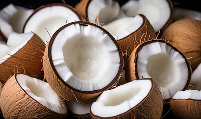 Fruit background, exotic chopped fresh coconuts close-up. - obrazy, fototapety, plakaty