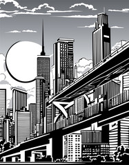 A striking monochrome vector illustration featuring a sleek cityscape with bridges and skyscrapers. Clean lines and high contrasts create a chic, minimalist look. 