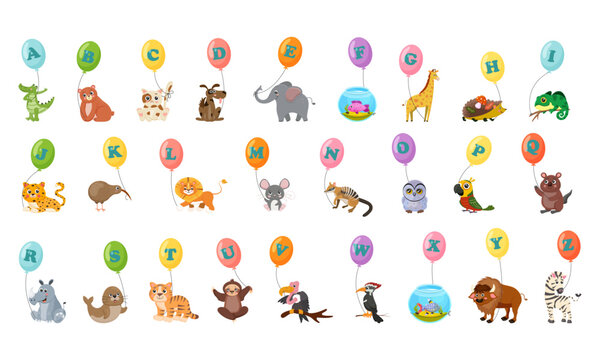 Abc, english alphabet with cartoon animals. Letters set, pets, balloons. Preschool education, collection, child game. Alligator, bear, cat, dog, elephant, fish, giraffe, hedgehog. Vector illustration.