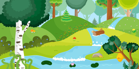 Summer forest scenery. Nature landscape. Hill, tree, river. Grass view. Green valley. Wave flow. Floral outdoor. Trunk in water. Dense woods. Terrain art. Natural pond. Vector illustration