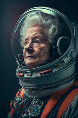 Image of an elderly woman dressed in an astronaut's suit, image created with ai