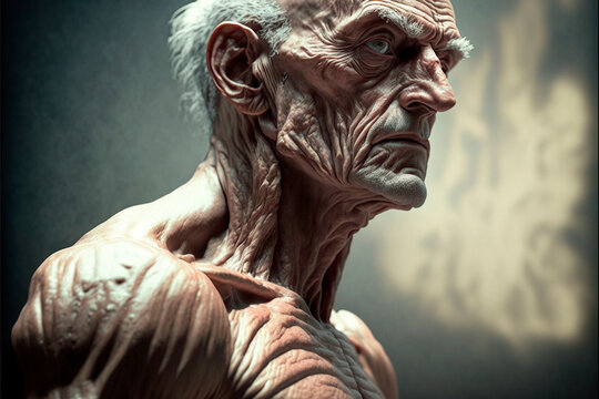 Detailed illustration of a statue of an emaciated old man, image created with ai